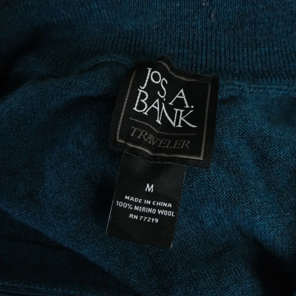 Jos. A. Bank Medium Traveler Quarter Zip Sweater Blue Green Merino Wool Mens